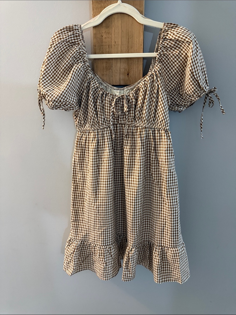 THIRTY|THIRTY Brown Gingham Puff-Sleeve Dress, M, NWTs